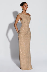 BELORIA – Ottilie Gold Maxi Dress