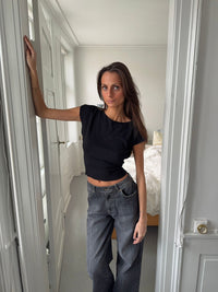 Short-sleeved blouse with elastic waist - Black